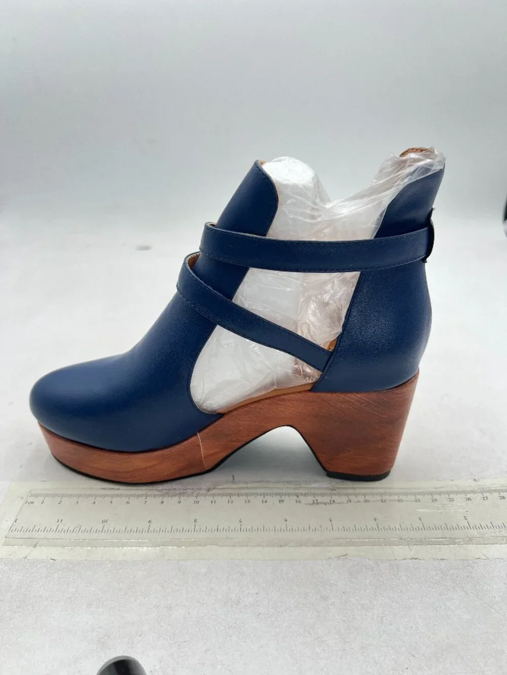 Blue Platform Round Toe Cutout Ankle Boot Strap Buckle Cork Block High Heel Boot